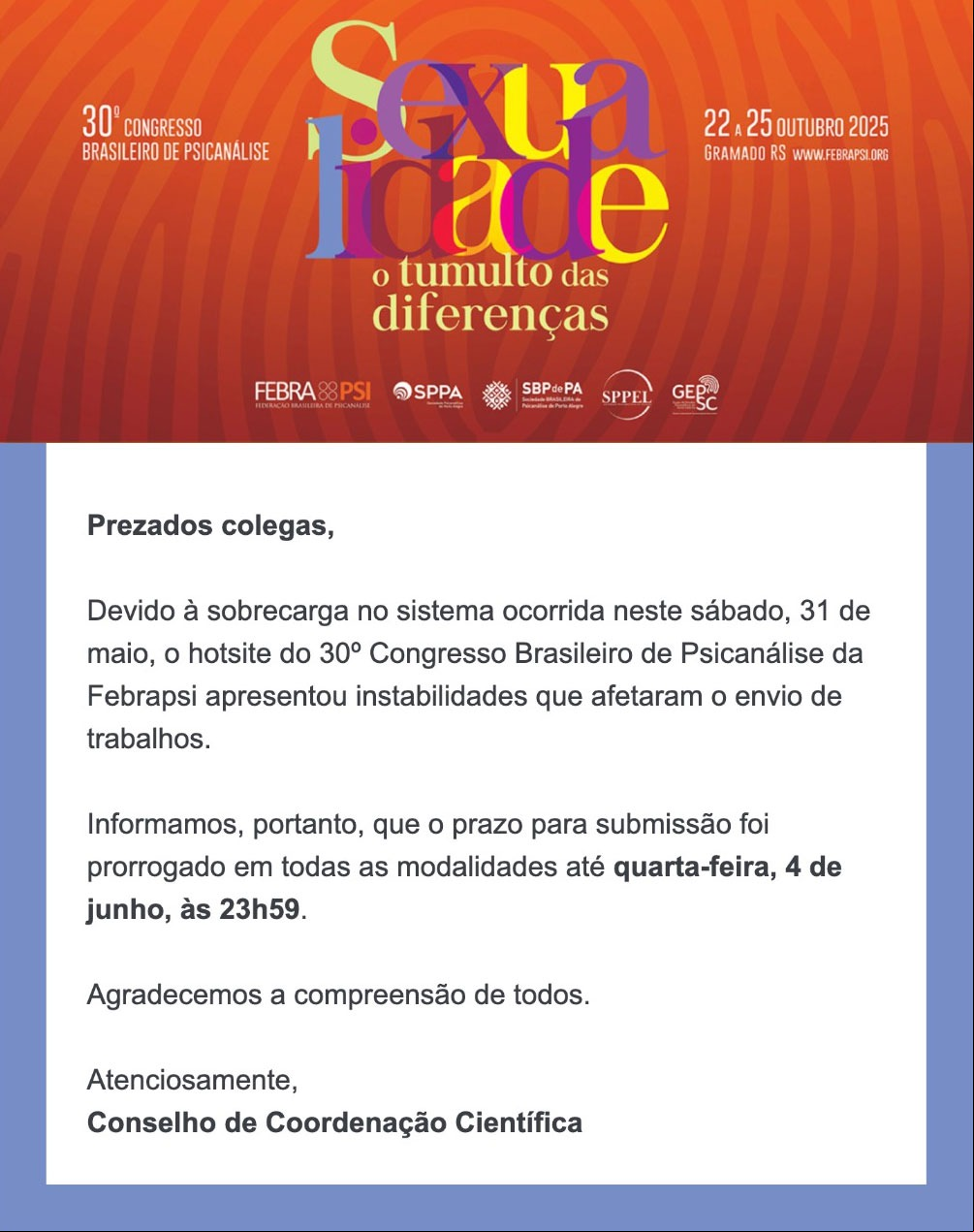 Prazo para submissão de trabalhos para o congresso foi prorrogado até 4 de junho.